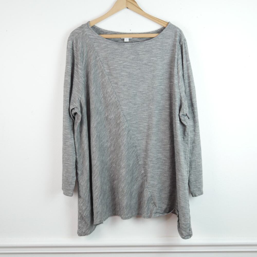 J Jill 3X Tunic Top 100% Cotton Trapeze Swing Grey Stripe Lagenlook Relaxed